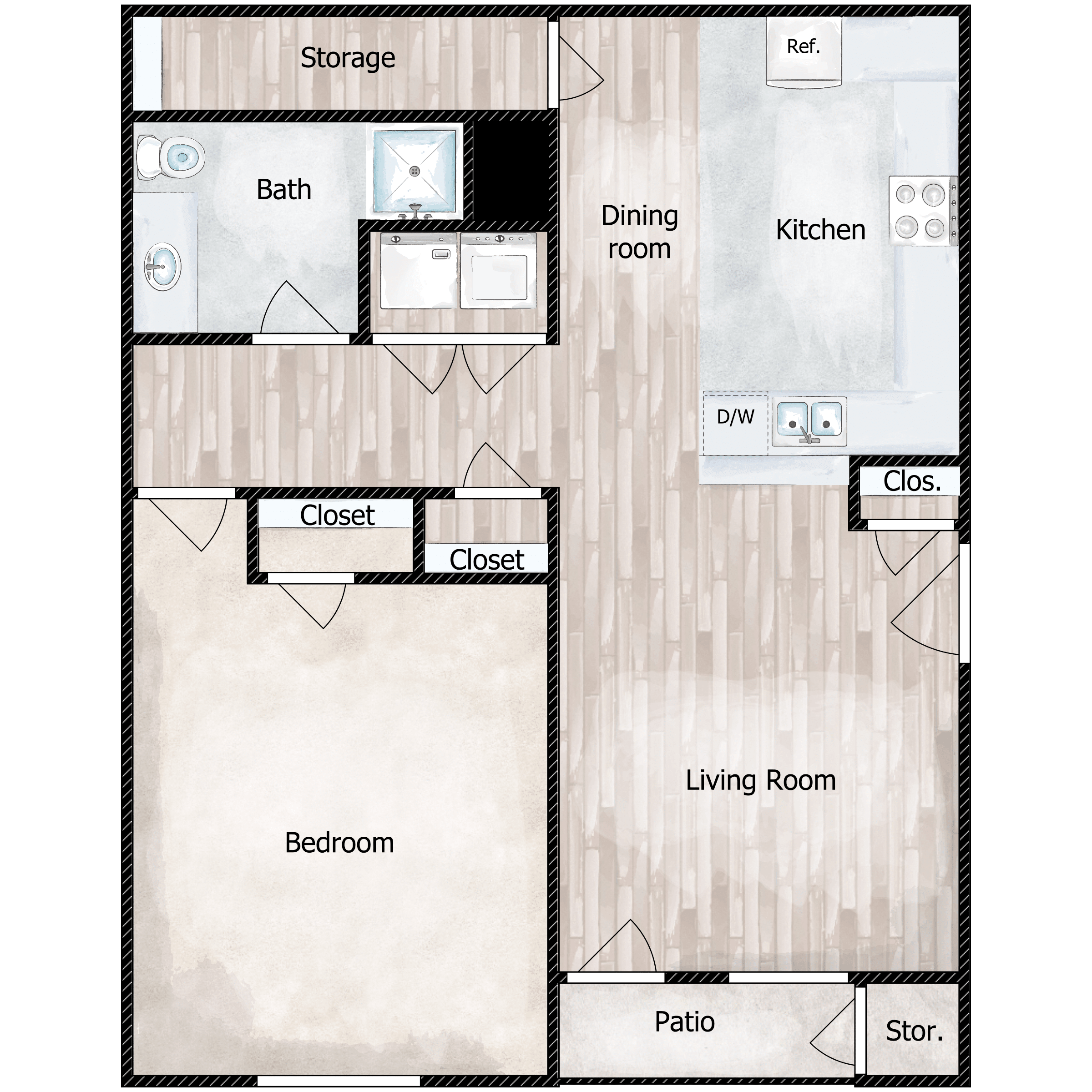 Floor plan for 1 bed, 1 bath, 785 sqft